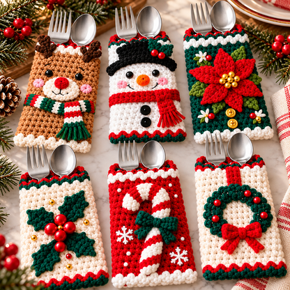 Christmas Cutlery Holder Crochet Pattern Bundle PDF | 10 Holiday Silverware Pockets