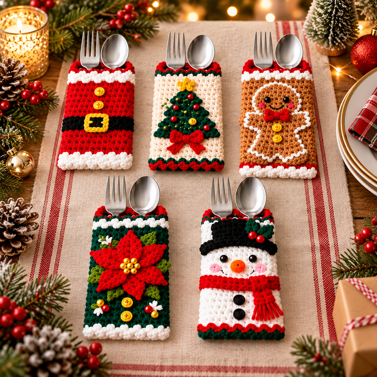 Christmas Cutlery Holder Crochet Pattern Bundle PDF | 10 Holiday Silverware Pockets
