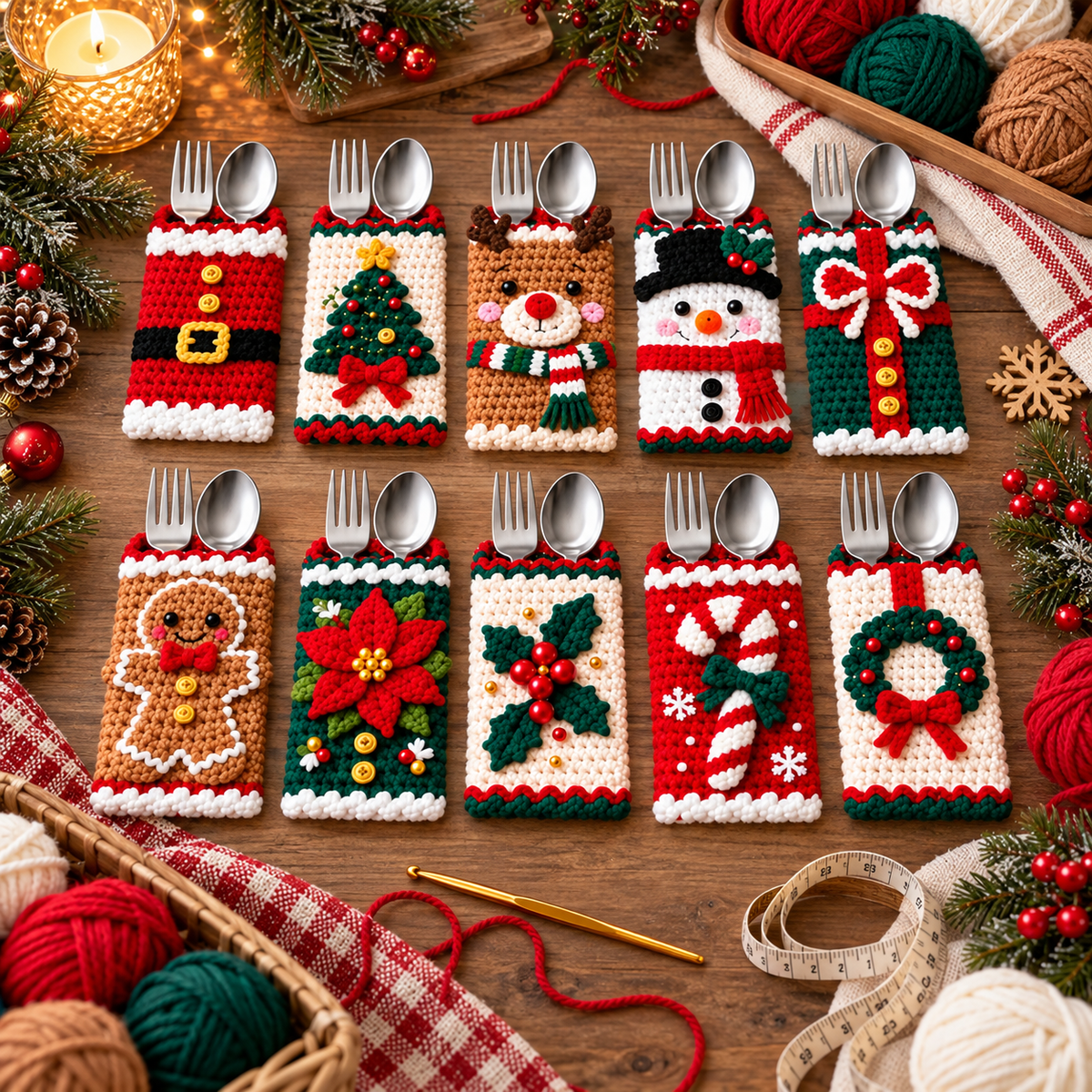 Christmas Cutlery Holder Crochet Pattern Bundle PDF | 10 Holiday Silverware Pockets