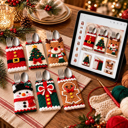 Christmas Cutlery Holder Crochet Pattern Bundle PDF | 10 Holiday Silverware Pockets