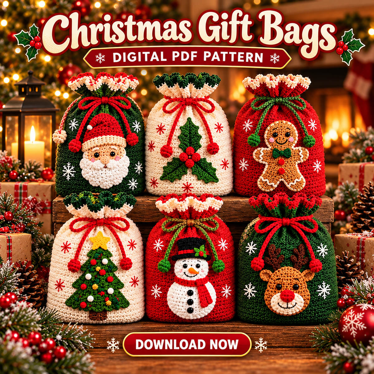 6-in-1 Christmas Gift Bag Crochet Pattern PDF | Holiday Drawstring Bags