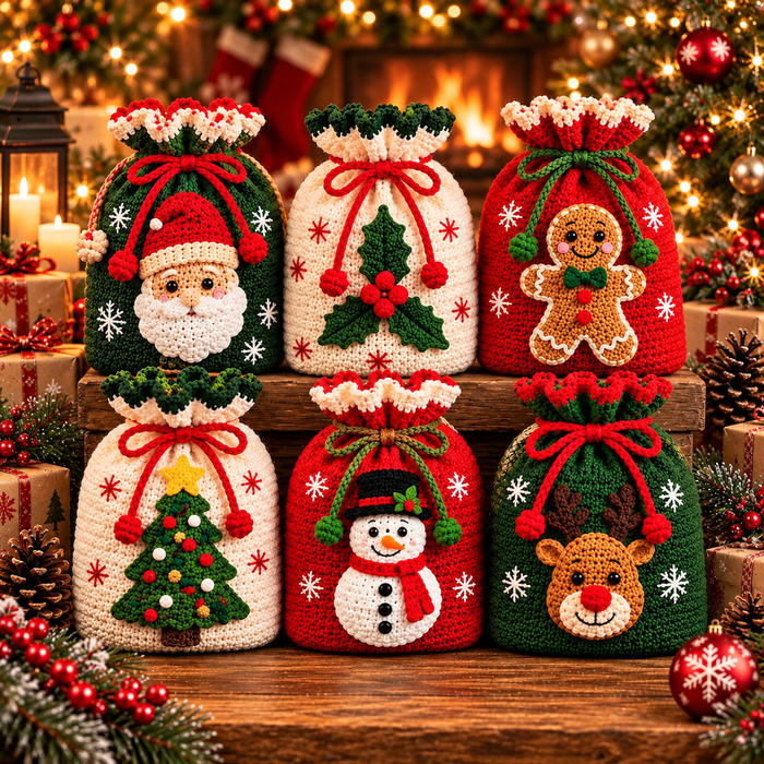 6-in-1 Christmas Gift Bag Crochet Pattern PDF | Holiday Drawstring Bags
