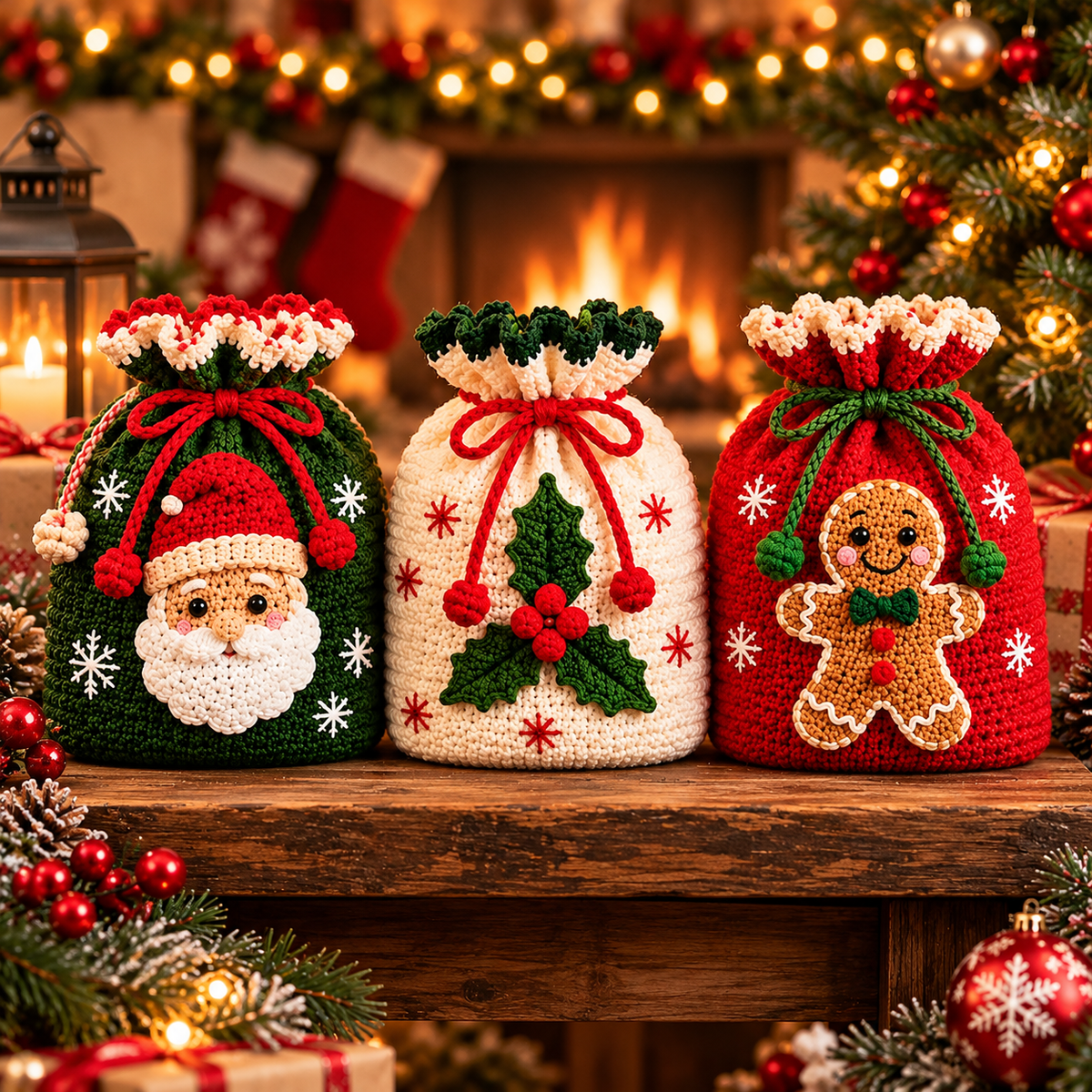 6-in-1 Christmas Gift Bag Crochet Pattern PDF | Holiday Drawstring Bags