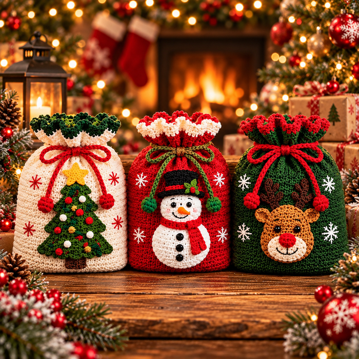 6-in-1 Christmas Gift Bag Crochet Pattern PDF | Holiday Drawstring Bags