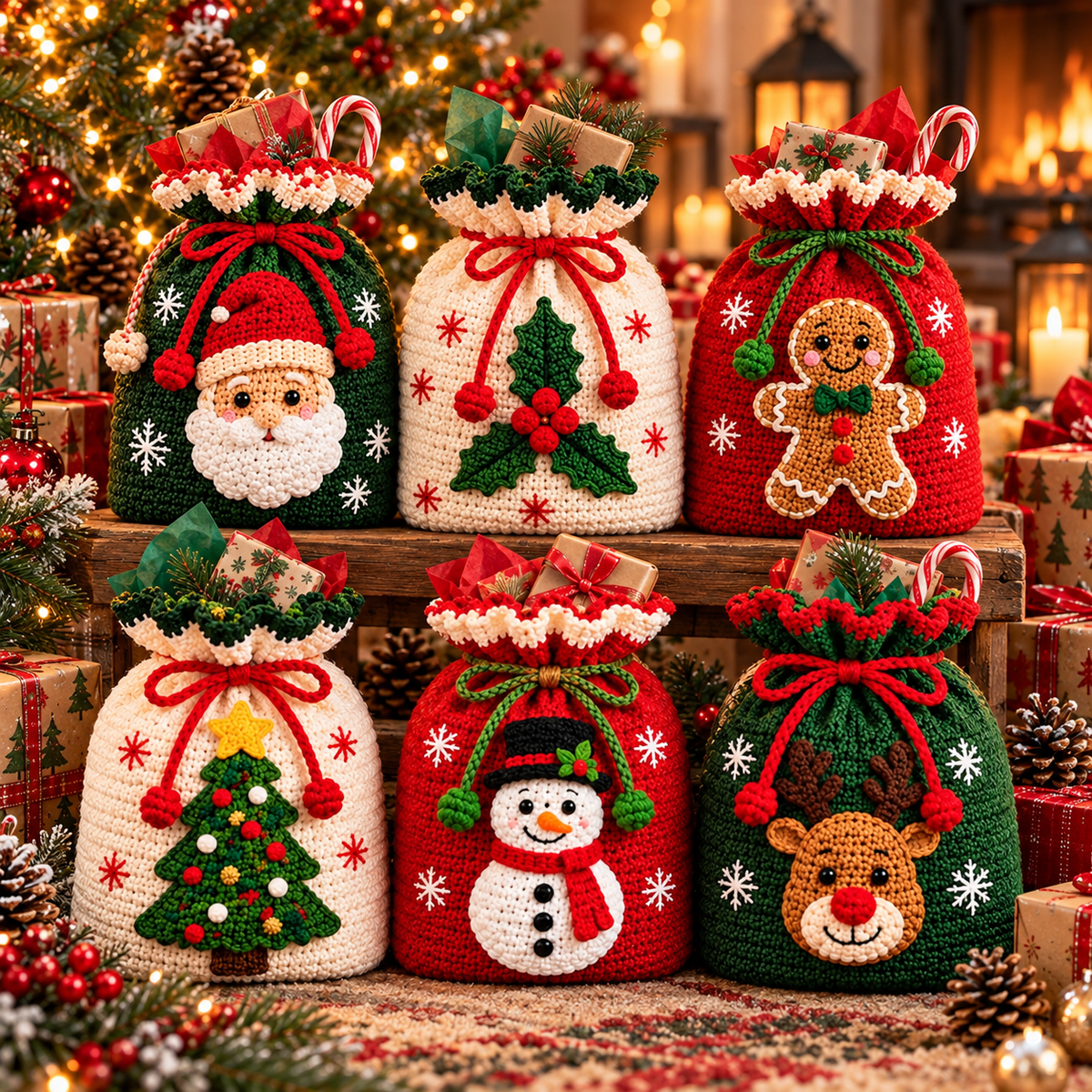 6-in-1 Christmas Gift Bag Crochet Pattern PDF | Holiday Drawstring Bags