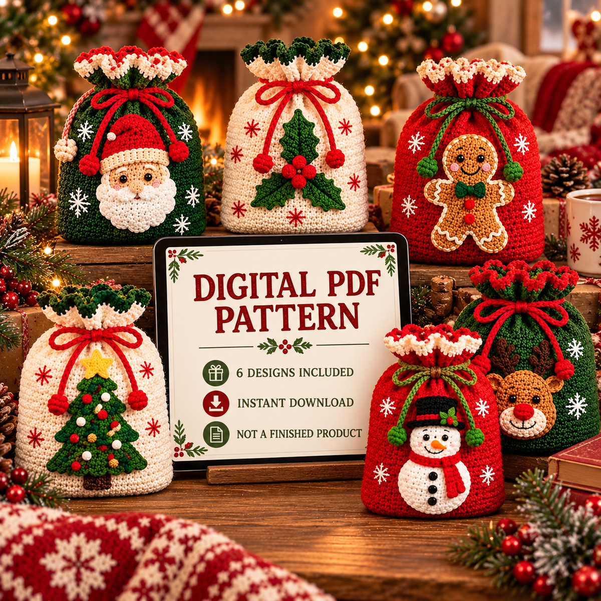 6-in-1 Christmas Gift Bag Crochet Pattern PDF | Holiday Drawstring Bags