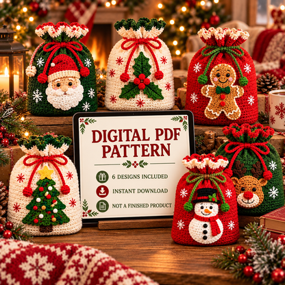 6-in-1 Christmas Gift Bag Crochet Pattern PDF | Holiday Drawstring Bags