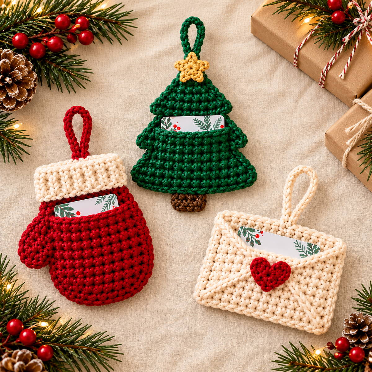 Crochet Gift Card Holder Pattern PDF | 3 Christmas Holiday Designs