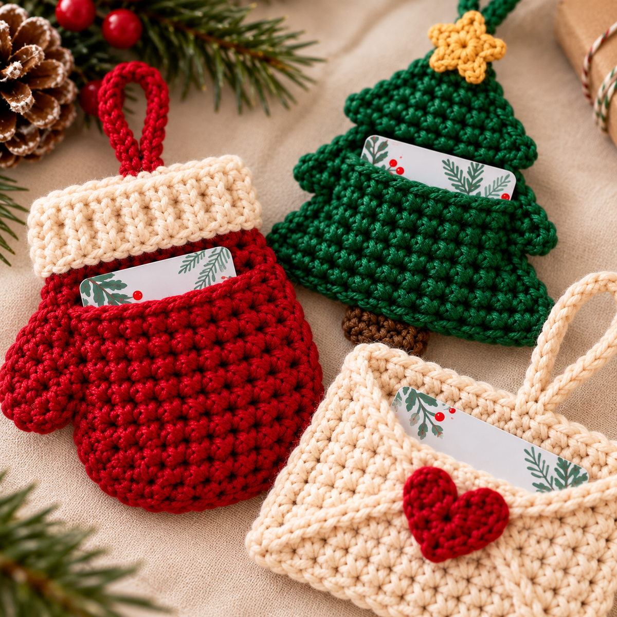 Crochet Gift Card Holder Pattern PDF | 3 Christmas Holiday Designs