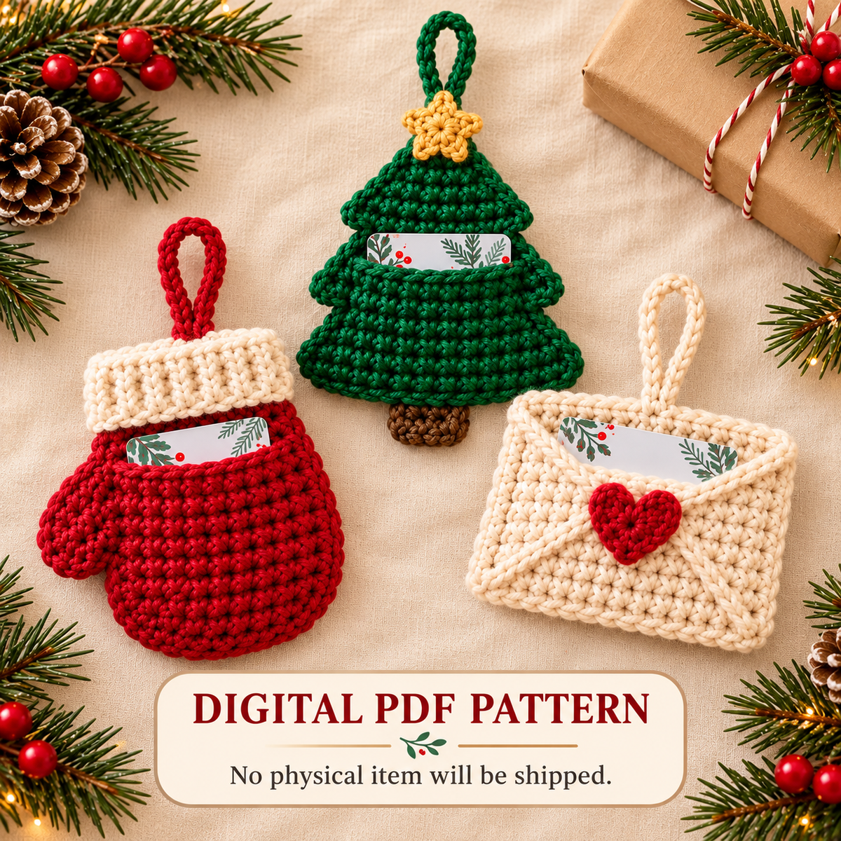 Crochet Gift Card Holder Pattern PDF | 3 Christmas Holiday Designs