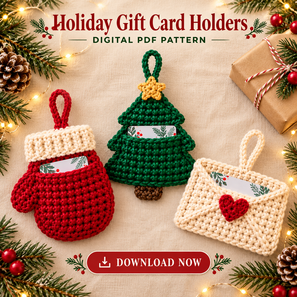 Crochet Gift Card Holder Pattern PDF | 3 Christmas Holiday Designs