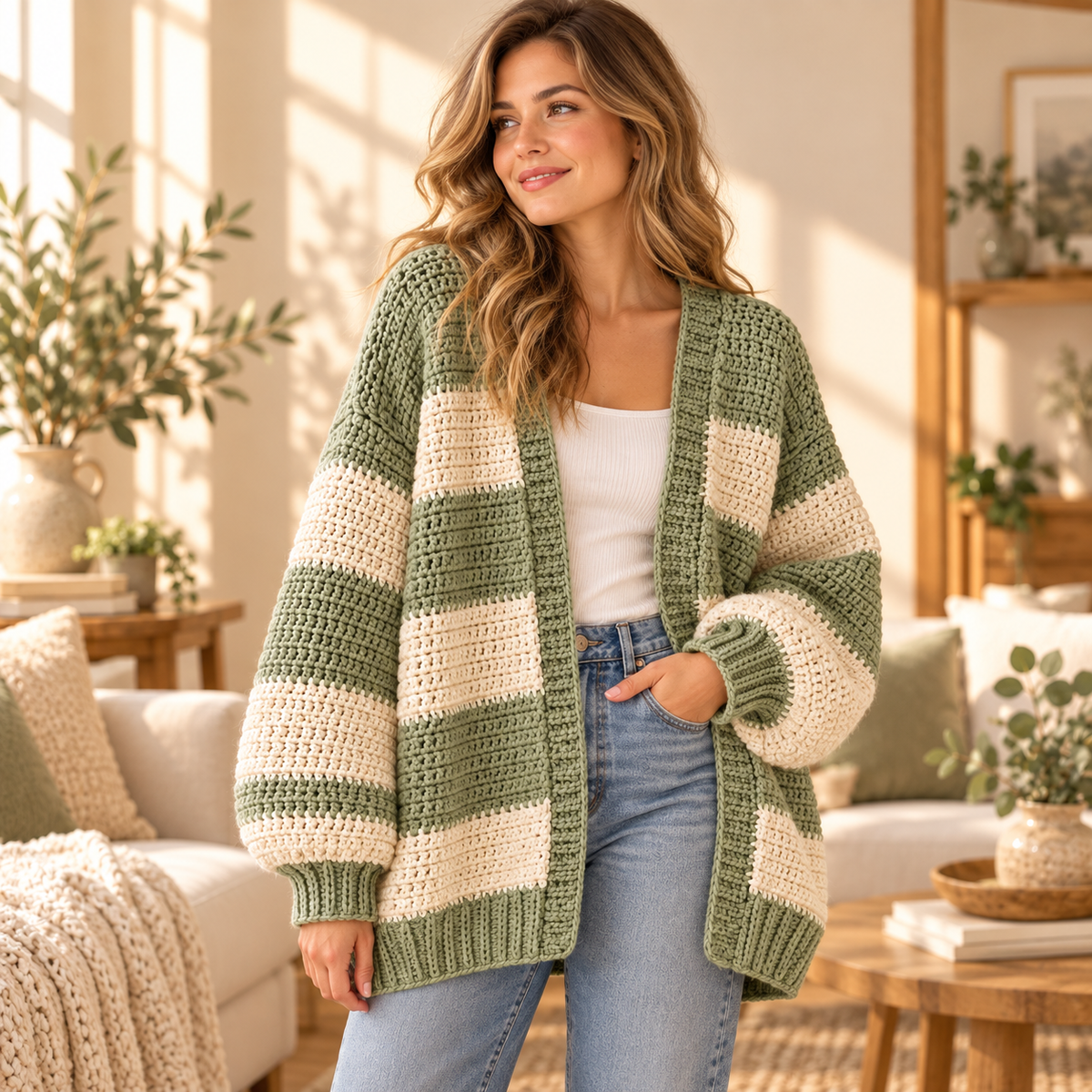 Oversized Chunky Cardigan Crochet Pattern PDF | Beginner Striped Sweater