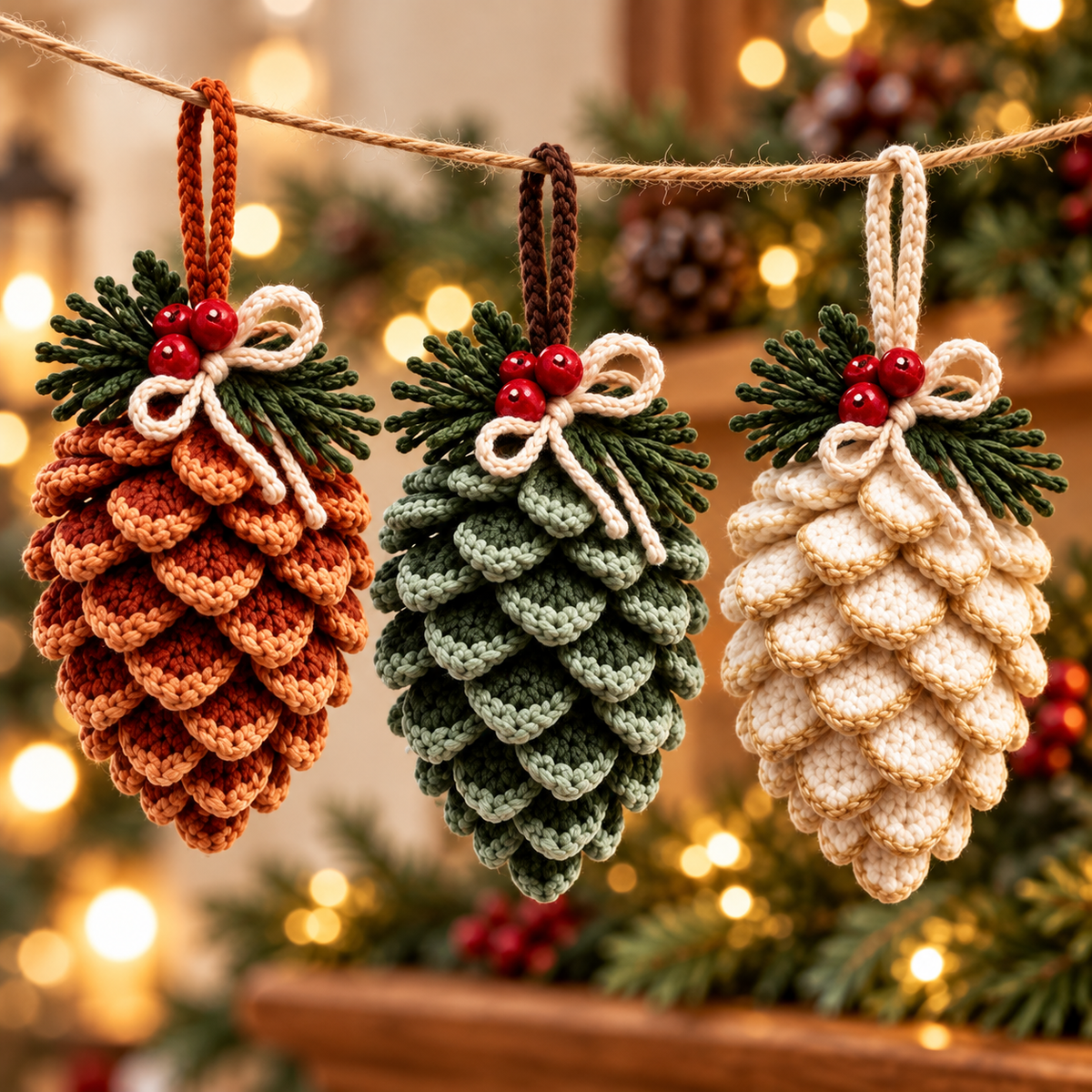 Crochet Pine Cone Ornament Pattern PDF | Rustic Christmas Decor