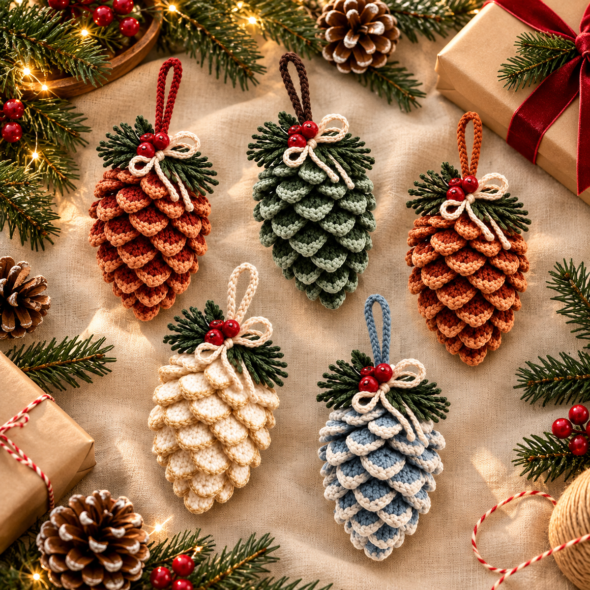Crochet Pine Cone Ornament Pattern PDF | Rustic Christmas Decor