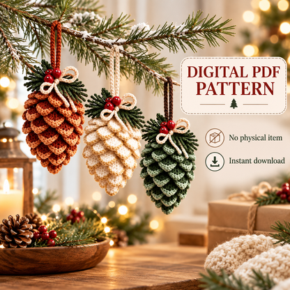 Crochet Pine Cone Ornament Pattern PDF | Rustic Christmas Decor