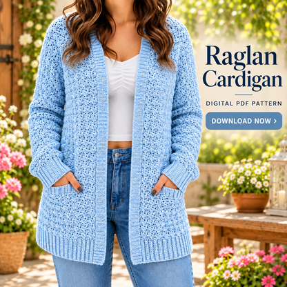 Raglan Crochet Cardigan Pattern PDF | Textured Open Front Sweater with Pockets
