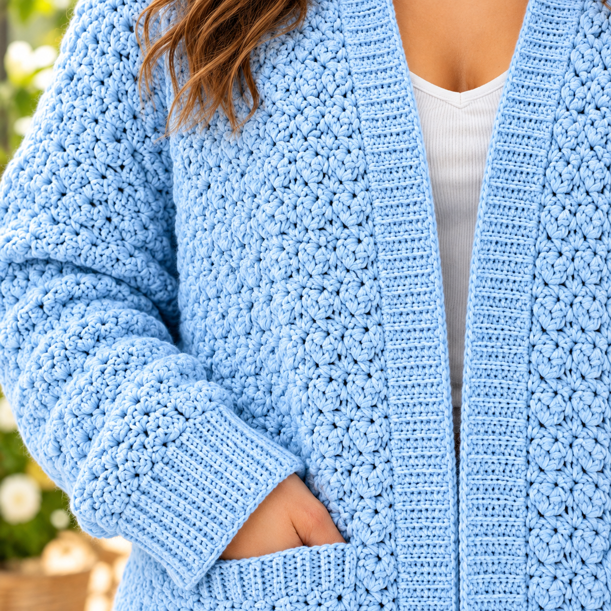Raglan Crochet Cardigan Pattern PDF | Textured Open Front Sweater with Pockets