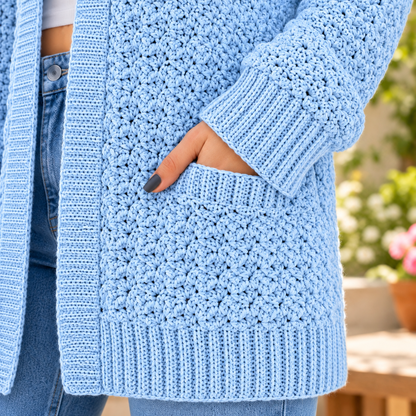 Raglan Crochet Cardigan Pattern PDF | Textured Open Front Sweater with Pockets