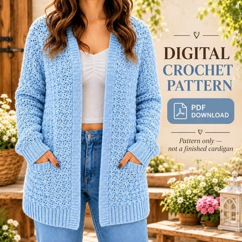 Raglan Crochet Cardigan Pattern PDF | Textured Open Front Sweater with Pockets