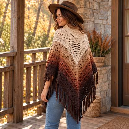 Ombre Fringe Poncho Crochet Pattern PDF | Boho Granny Stitch Wrap