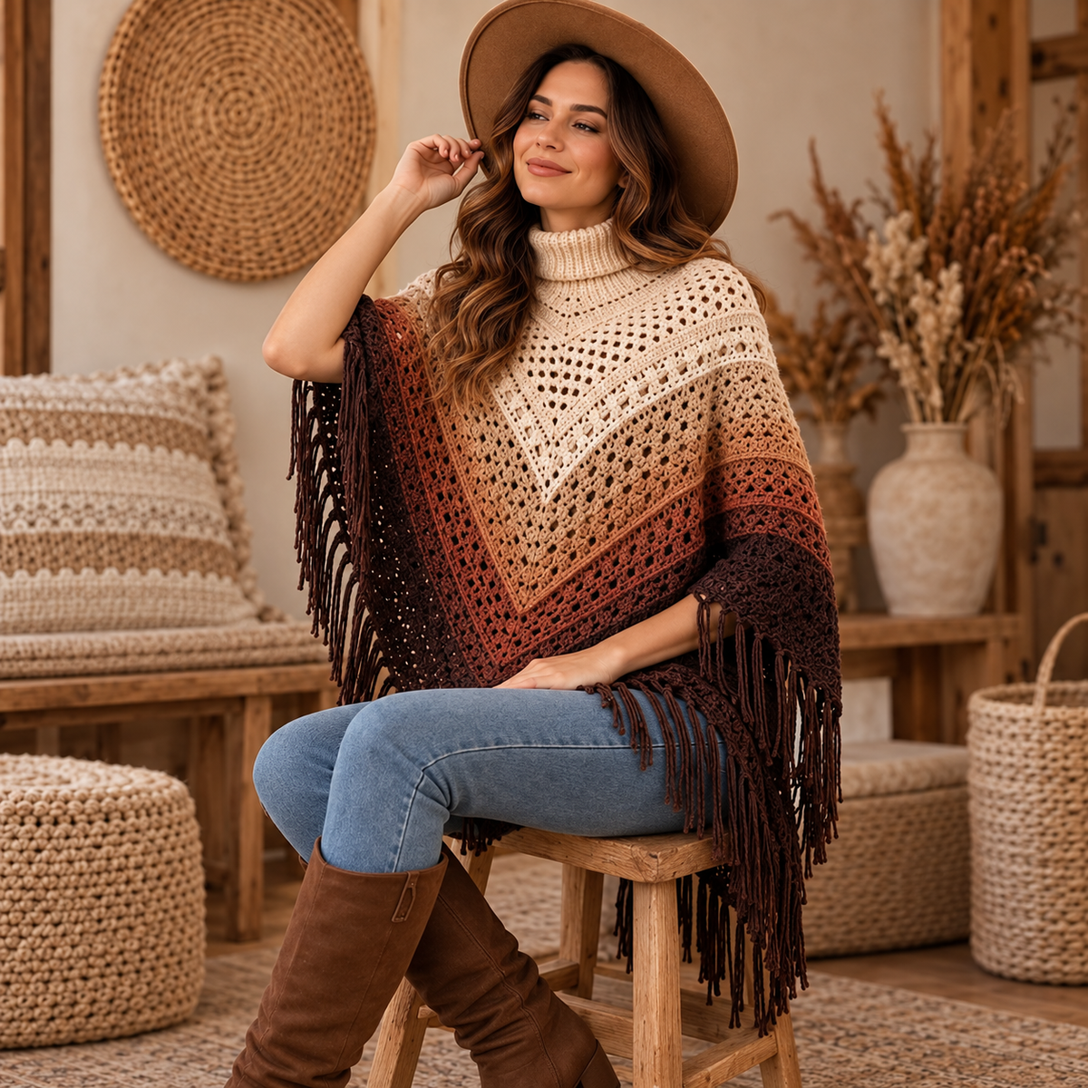 Ombre Fringe Poncho Crochet Pattern PDF | Boho Granny Stitch Wrap