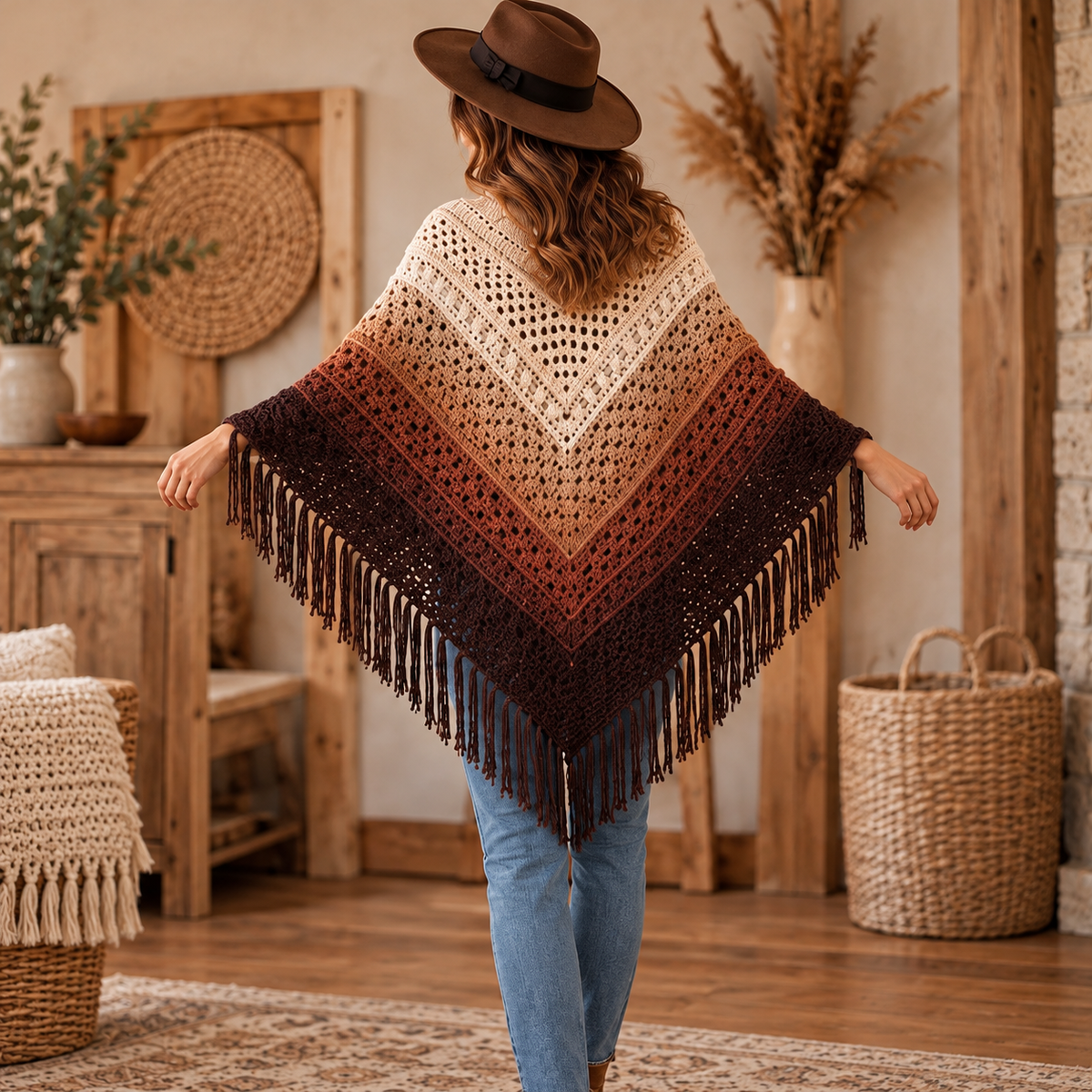 Ombre Fringe Poncho Crochet Pattern PDF | Boho Granny Stitch Wrap