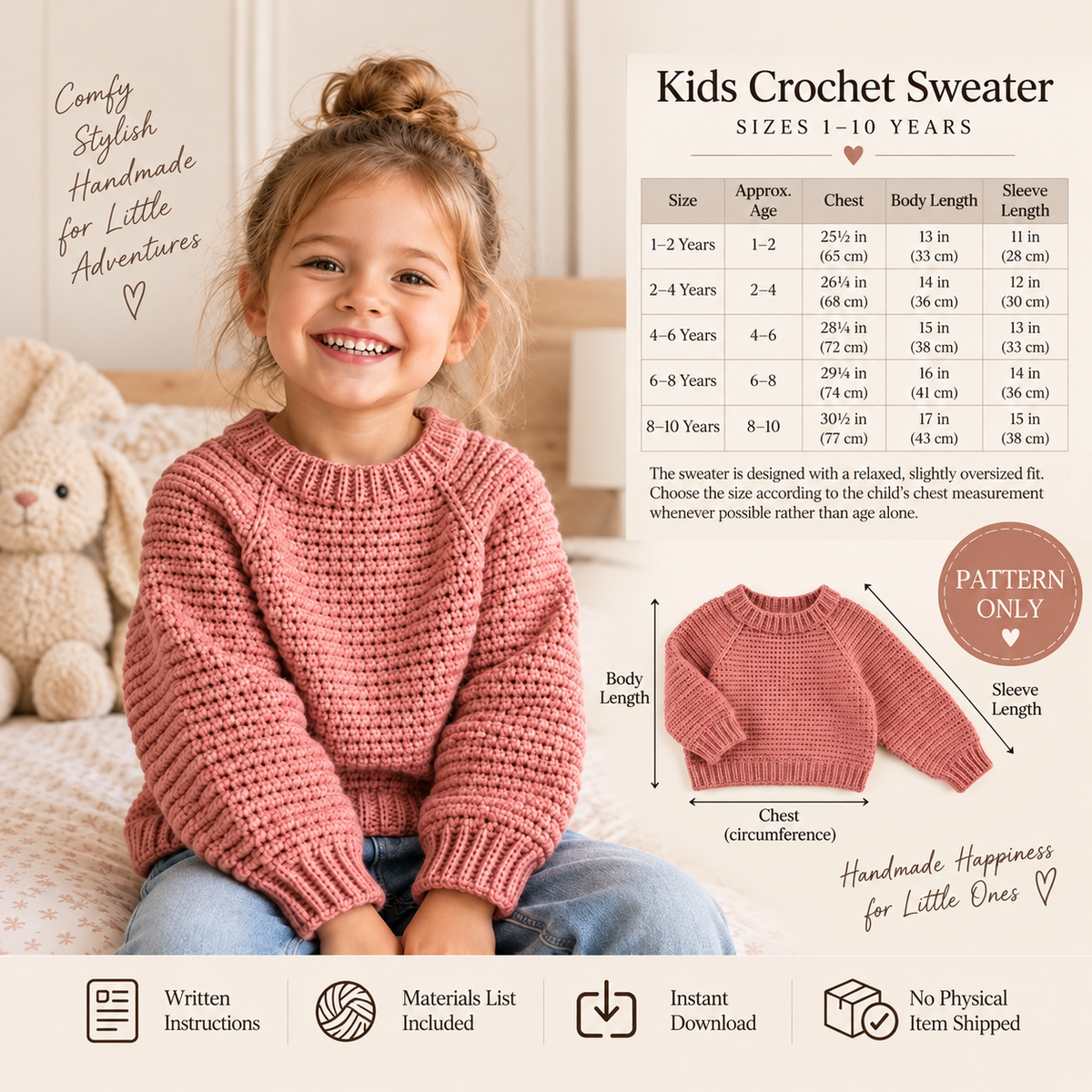 Kids Raglan Sweater Crochet Pattern PDF | Seamless Pullover Ages 1–10