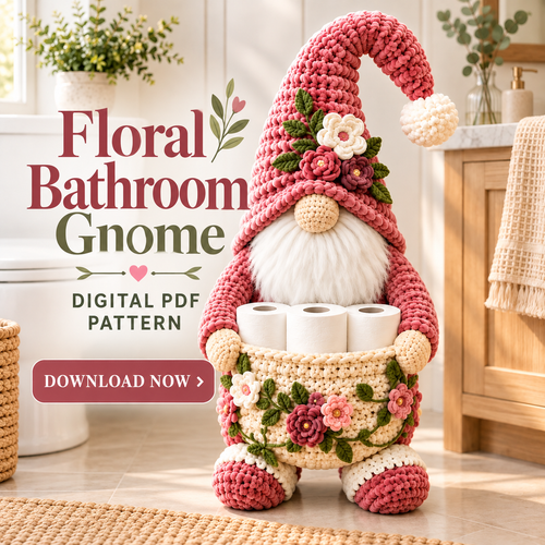 Floral Gnome Toilet Paper Holder Crochet Pattern PDF | 3-Roll Bathroom Basket