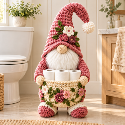 Floral Gnome Toilet Paper Holder Crochet Pattern PDF | 3-Roll Bathroom Basket