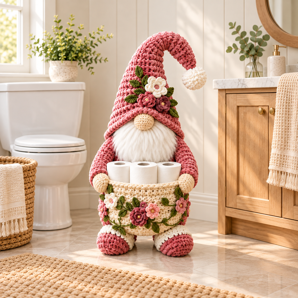 Floral Gnome Toilet Paper Holder Crochet Pattern PDF | 3-Roll Bathroom Basket
