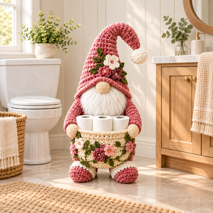Floral Gnome Toilet Paper Holder Crochet Pattern PDF | 3-Roll Bathroom Basket