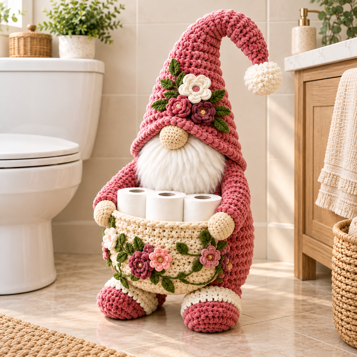 Floral Gnome Toilet Paper Holder Crochet Pattern PDF | 3-Roll Bathroom Basket