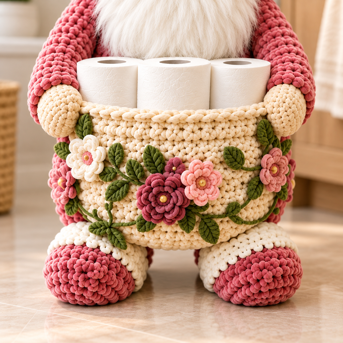 Floral Gnome Toilet Paper Holder Crochet Pattern PDF | 3-Roll Bathroom Basket