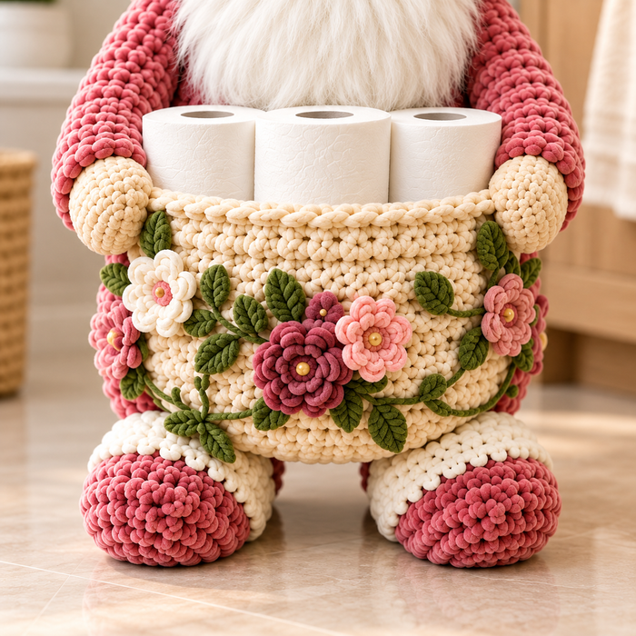 Floral Gnome Toilet Paper Holder Crochet Pattern PDF | 3-Roll Bathroom Basket