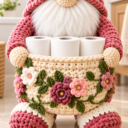 Floral Gnome Toilet Paper Holder Crochet Pattern PDF | 3-Roll Bathroom Basket