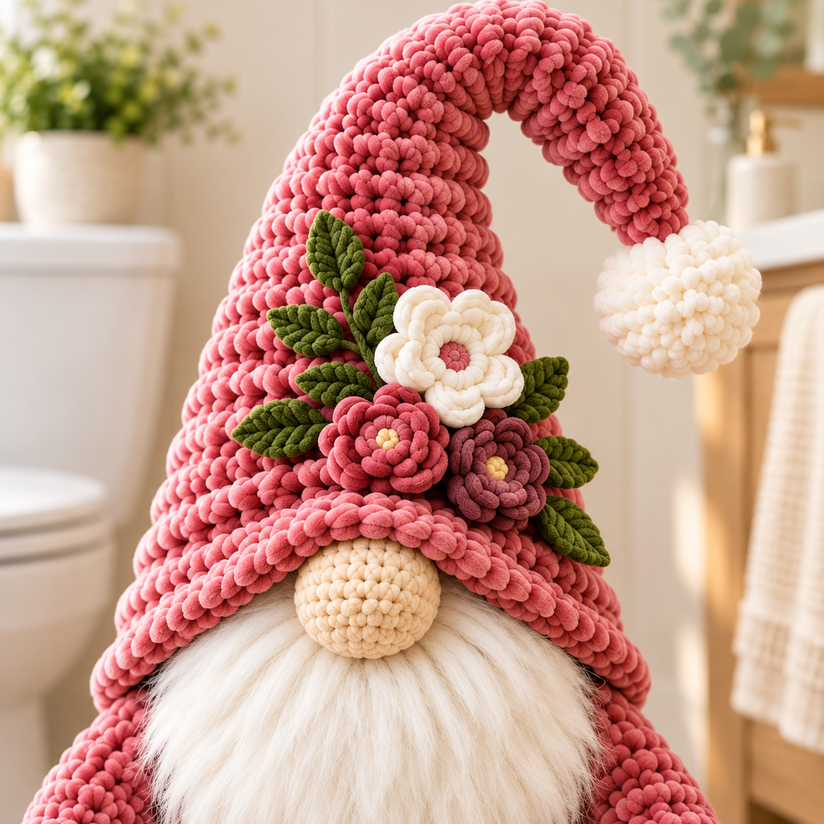 Floral Gnome Toilet Paper Holder Crochet Pattern PDF | 3-Roll Bathroom Basket