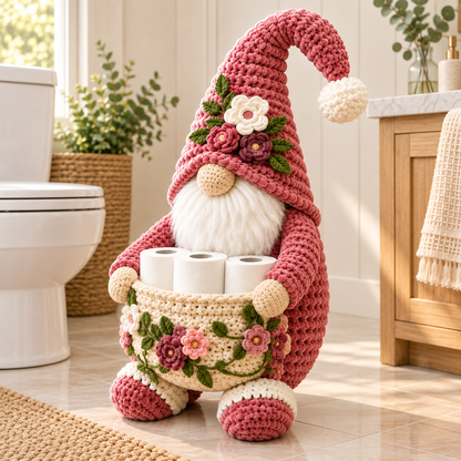 Floral Gnome Toilet Paper Holder Crochet Pattern PDF | 3-Roll Bathroom Basket