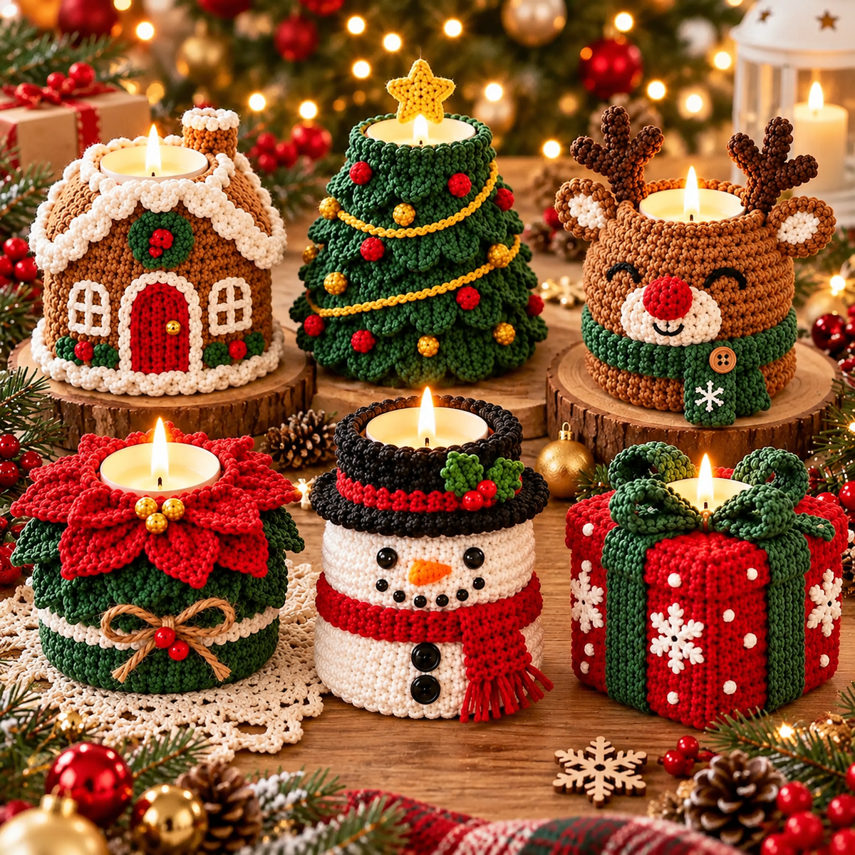 Christmas Tealight Holder Crochet Pattern PDF | 6 Festive Candle Cozy Designs