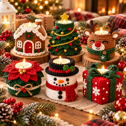 Christmas Tealight Holder Crochet Pattern PDF | 6 Festive Candle Cozy Designs