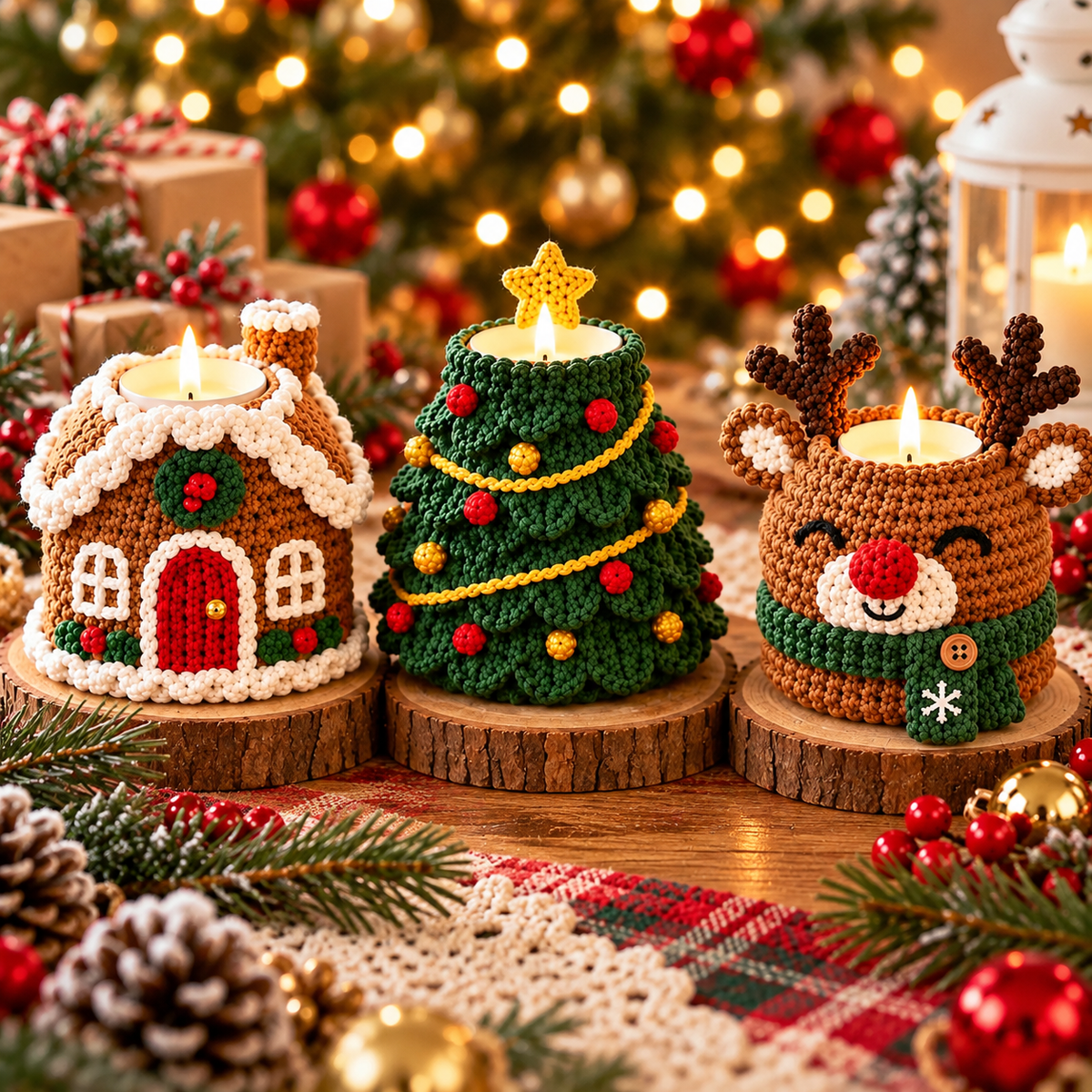 Christmas Tealight Holder Crochet Pattern PDF | 6 Festive Candle Cozy Designs