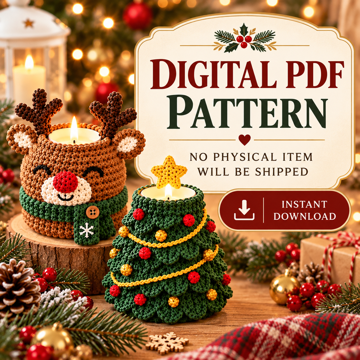 Christmas Tealight Holder Crochet Pattern PDF | 6 Festive Candle Cozy Designs