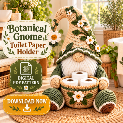 Botanical Gnome Toilet Paper Holder Crochet Pattern PDF | Floral Bathroom Basket