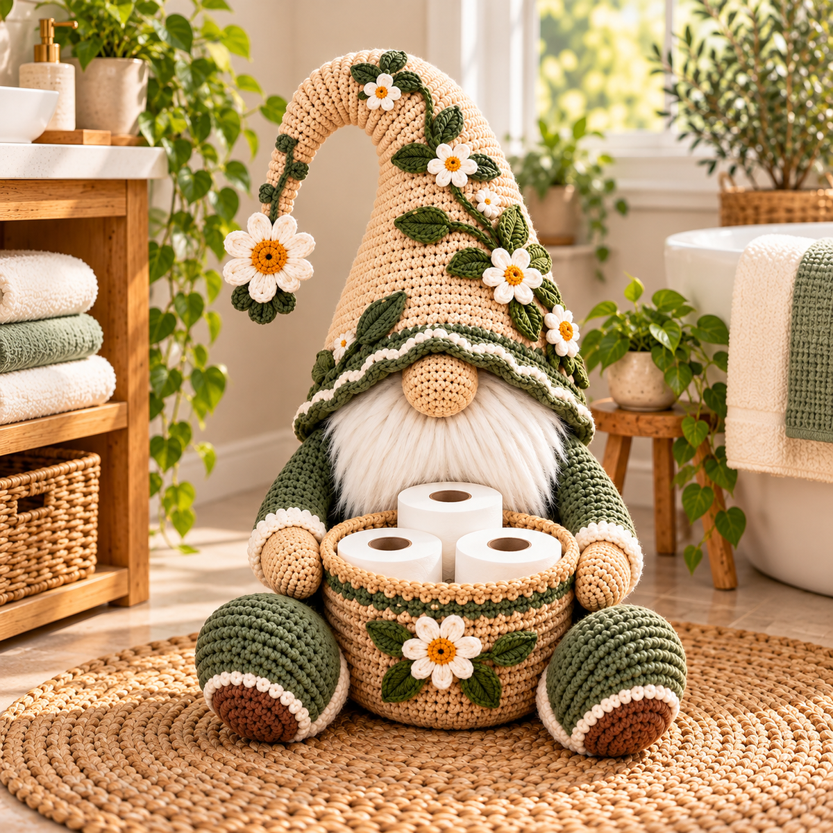 Botanical Gnome Toilet Paper Holder Crochet Pattern PDF | Floral Bathroom Basket