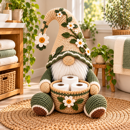 Botanical Gnome Toilet Paper Holder Crochet Pattern PDF | Floral Bathroom Basket