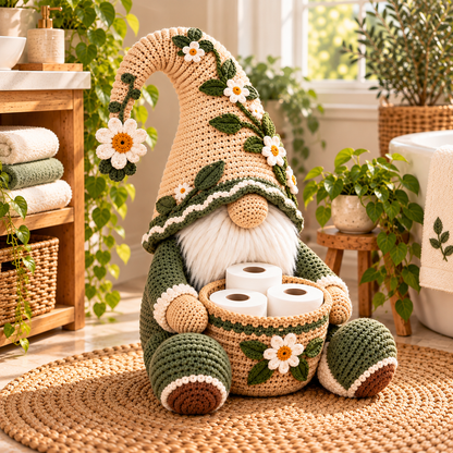 Botanical Gnome Toilet Paper Holder Crochet Pattern PDF | Floral Bathroom Basket