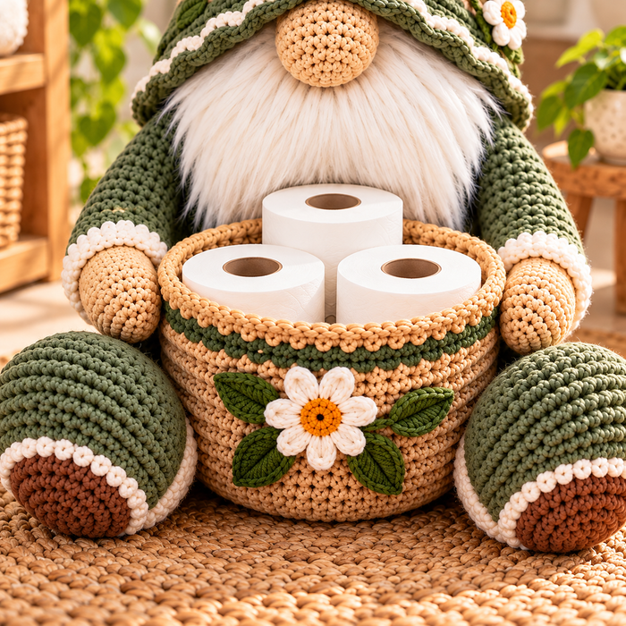 Botanical Gnome Toilet Paper Holder Crochet Pattern PDF | Floral Bathroom Basket