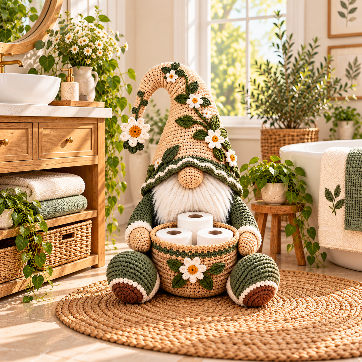 Botanical Gnome Toilet Paper Holder Crochet Pattern PDF | Floral Bathroom Basket