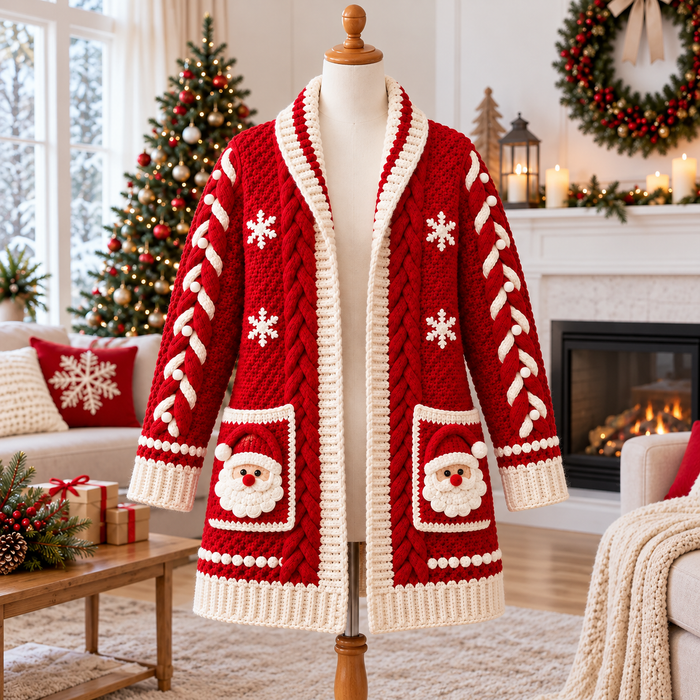 Santa Pocket Cardigan Crochet Pattern PDF | Christmas Cable Sweater S–3XL