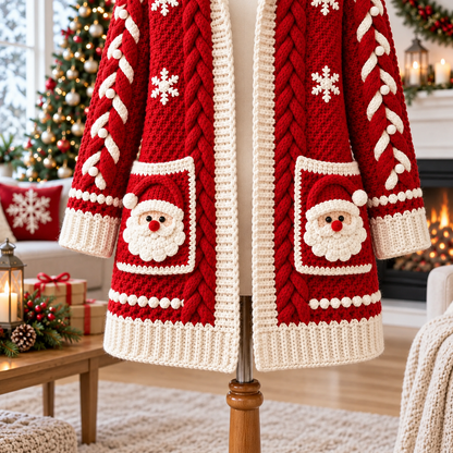 Santa Pocket Cardigan Crochet Pattern PDF | Christmas Cable Sweater S–3XL