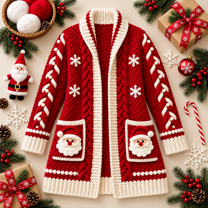Santa Pocket Cardigan Crochet Pattern PDF | Christmas Cable Sweater S–3XL